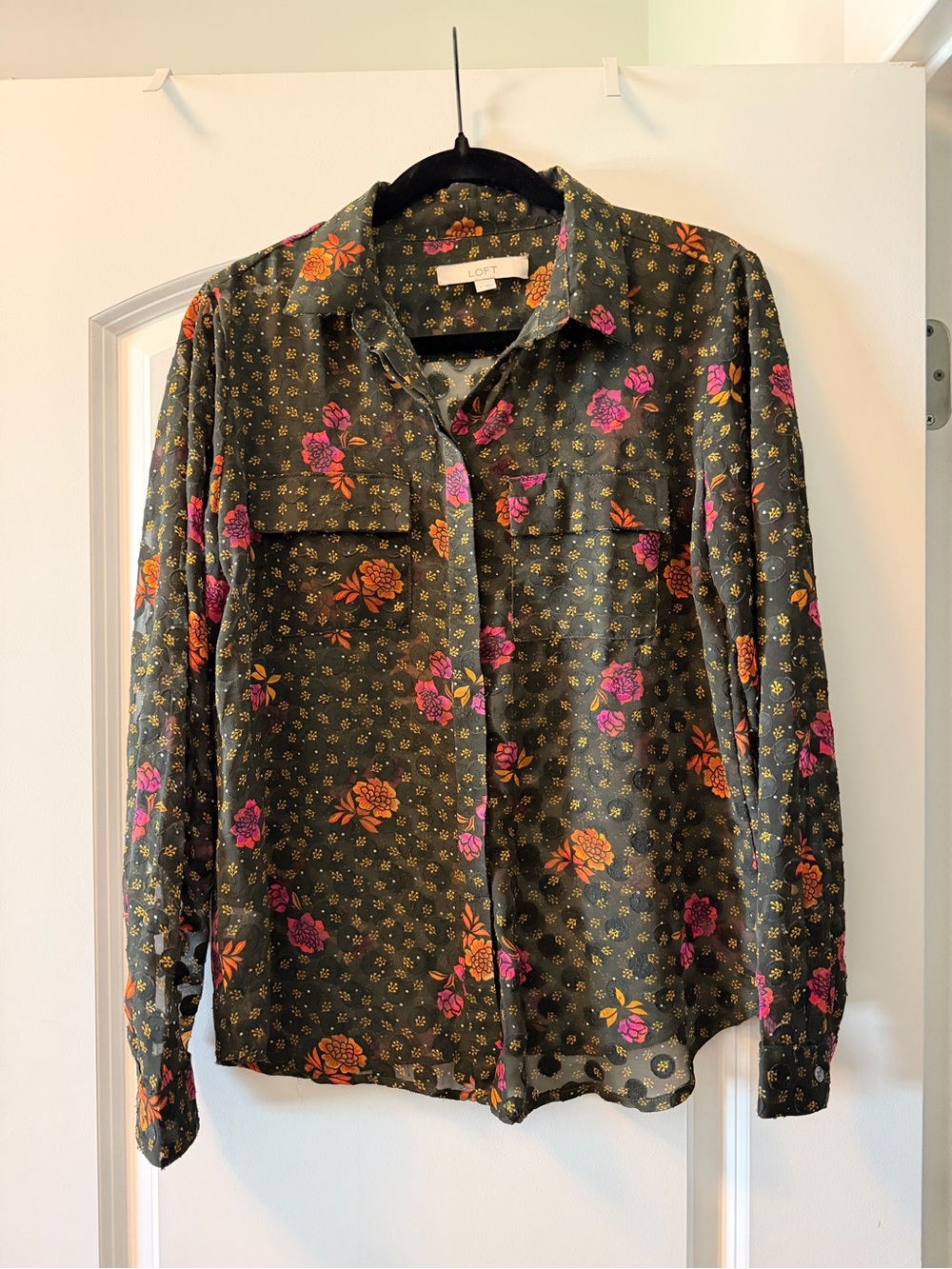 LOFT Olive Green Floral Button-Down Shirt with Pink & Orange Flowers